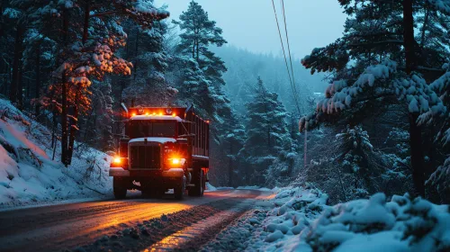 A truck with headlights driving down a road in a snowy winter forest