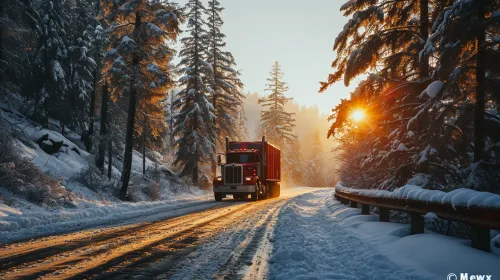 A large red truck driving through the snow among winter trees