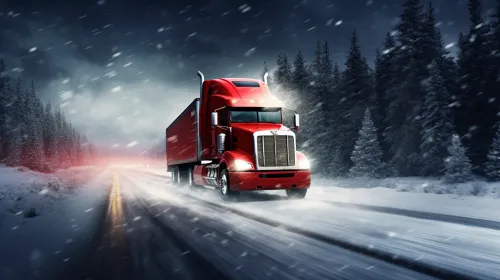 Red truck moving along a snowy road among pines on a winter day