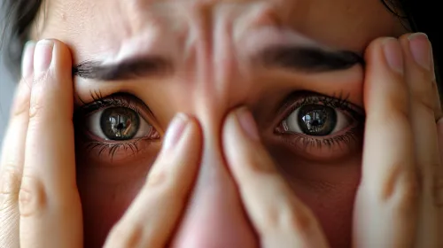 Close-up of a person's face displaying an expression of fear and anxiety