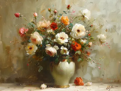 Vase with roses of various shades on a muted background