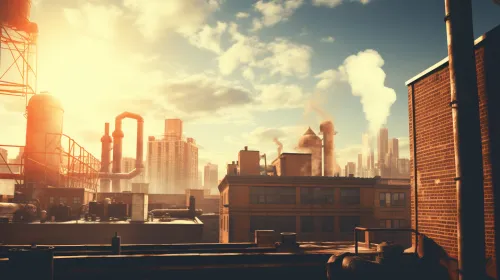 View of city buildings and chimneys in the rays of the setting sun