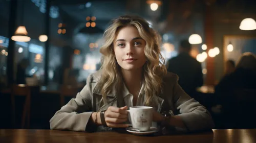Young woman with chestnut hair sitting in a cafe with a cup of coffee