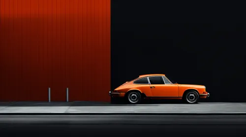 Classic orange sports car by a black and red wall