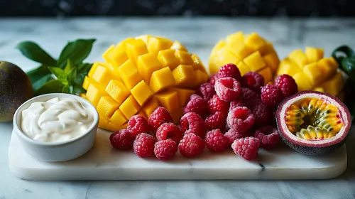 Variety of tropical fruits on a marble board with yogurt