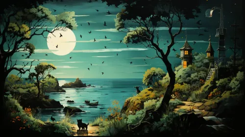 Cozy night landscape with moonlight, houses, trees, and the sea