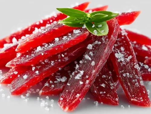 Pieces of meat preparation with coarse salt and fresh green leaves