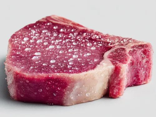 Fragmento de carne fresca con gotas de agua en la superficie