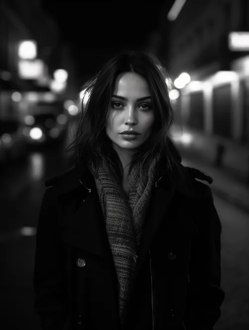 Woman in black clothing against a backdrop of blurred lights of the night city
