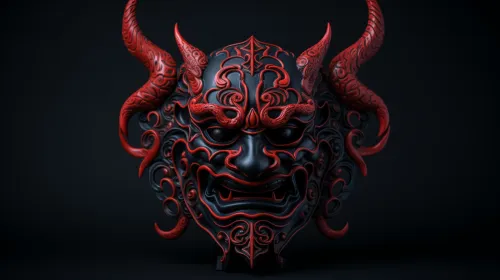 Detailed black and red mask with horns and patterns
