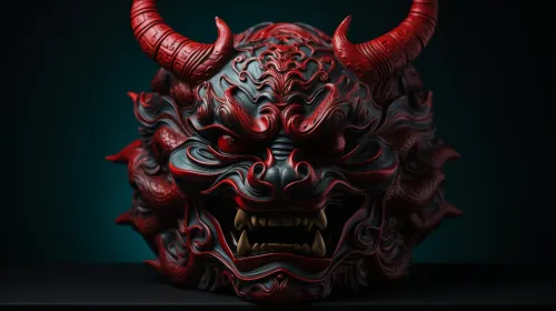 Image of a red and black mask with horns and a fearsome expression