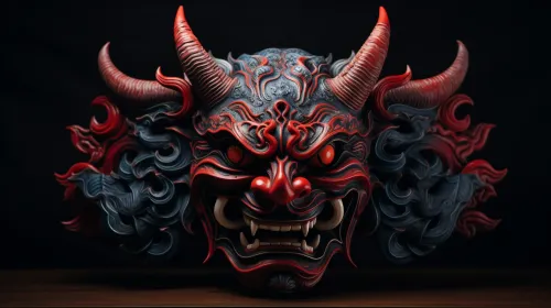 Demonic Mask with Red Horns and Black Clouds