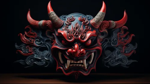 Image of a mask with horns and bright red details