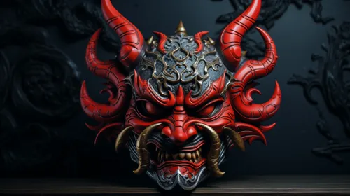 Image of a mask with expressive horns and an aggressive face