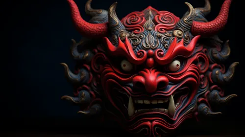 Máscara energética de demonio con intensos tonos rojos y azules