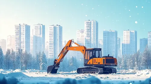 Excavadora trabajando en un sitio nevado en una ciudad con altos edificios