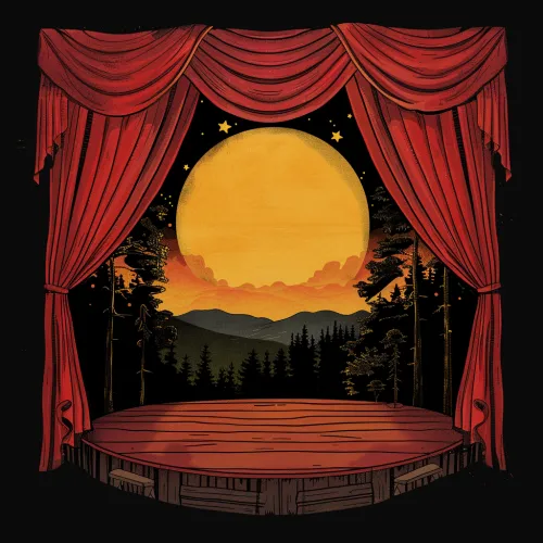Ilustración de una escena con una brillante luna y cortinas teatrales rojas