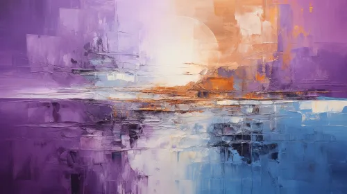 Abstracción que representa un paisaje con una puesta de sol y una superficie acuática