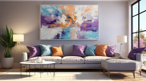 Salón con un cómodo sofá y arte abstracto brillante