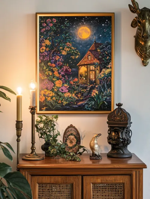 Paisaje idílico con una casa, flores y luna de noche