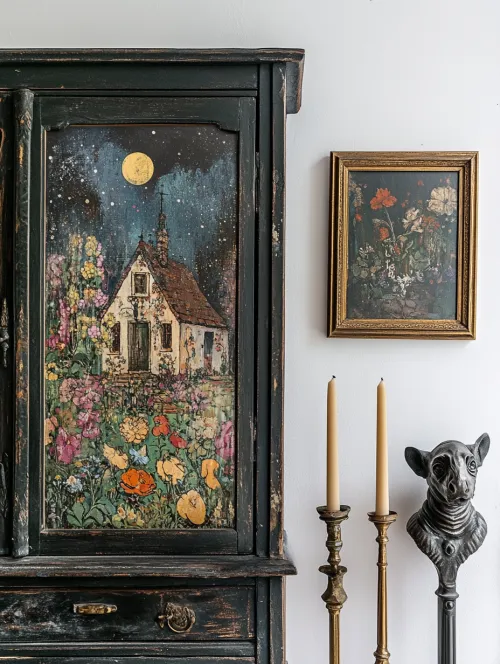 Antique cabinet with rustic landscape painting and flowers next to paintings