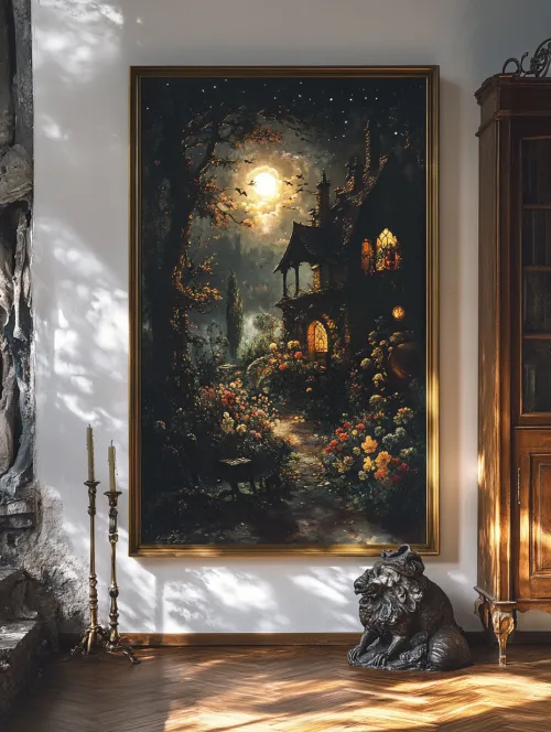 Fairy-tale Landscape with a Bright House and Flowers in Moonlight
