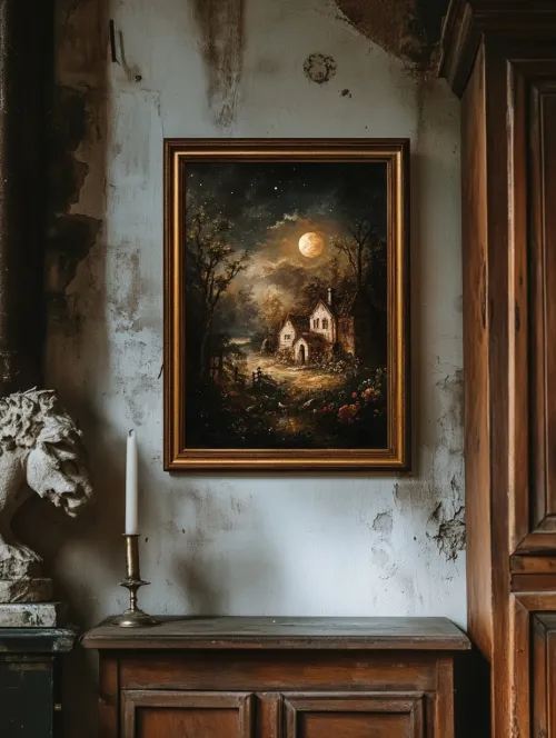 Imagen de un paisaje antiguo con una casa bajo el cielo nocturno y la luna