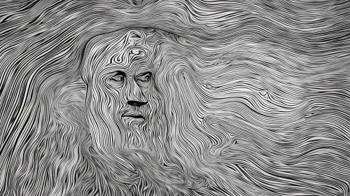 Abstracción en blanco y negro con rostro humano y líneas onduladas