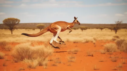 Kangaroo jumping across the red soil of Australia with vegetation