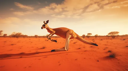 Blue kangaroo jumping across the red sand of the Australian desert