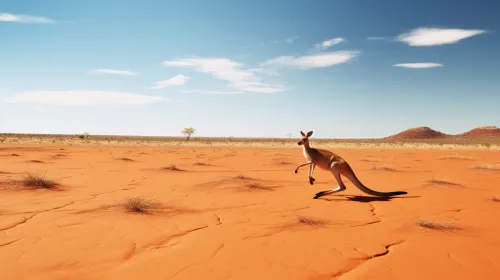 Canguro saltando por el desierto rojo de Australia bajo un cielo despejado