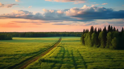 Campos verdes abiertos con un camino de fondo al atardecer y bosques