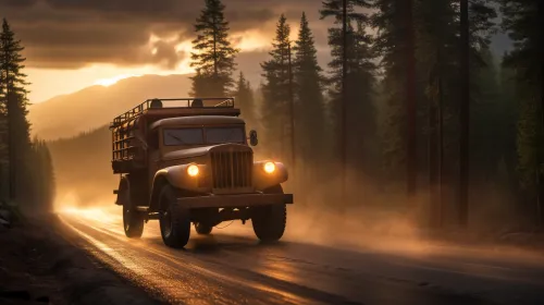Truck on a road in the forest with sunset lighting and fog