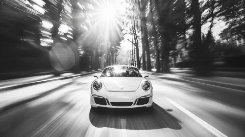 Un coche deportivo blanco se mueve rápidamente por una carretera bien cuidada entre árboles