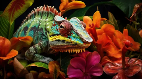 Bright lizard against the background of blooming tropical plants and flowers