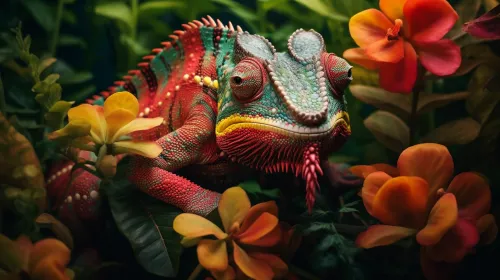 Chameleon with Bright Colors Against a Background of Blooming Plants
