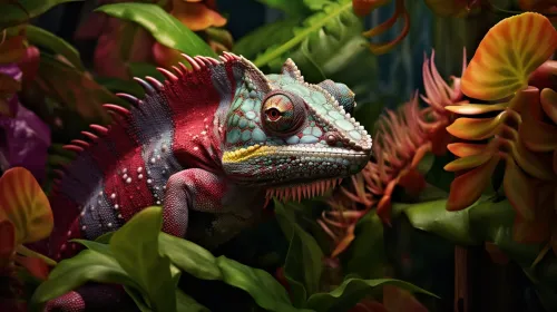 Brightly colored lizard against a backdrop of tropical plants