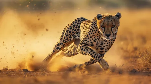 Cheetah contra un paisaje arenoso, levantando polvo al correr