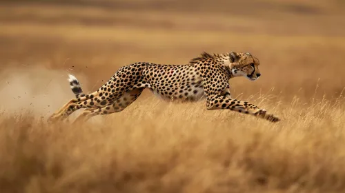 Cheetah sprinting across the grassy savannah, moving swiftly.