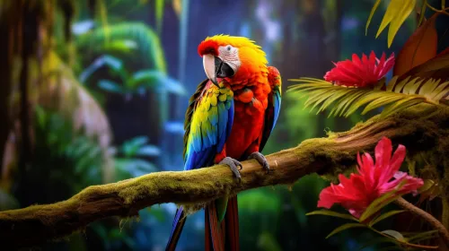 Un colorido guacamayo posado en una rama entre plantas y flores tropicales