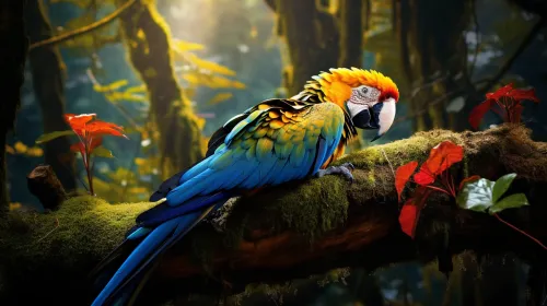 Parrot with bright feathers perched on a tropical tree branch