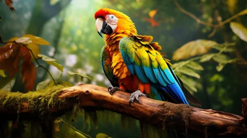 Loro de colores brillantes posado en una rama en un bosque verde