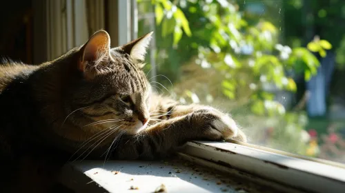 Primer plano de un gato mirando por la ventana con plantas de fondo