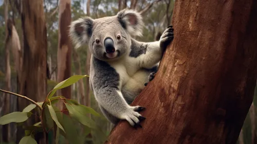 Koala sentada en un árbol con hojas verdes en el bosque australiano
