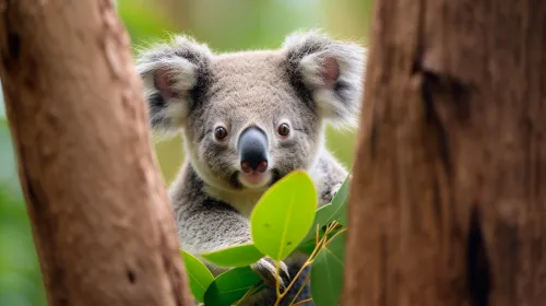 Koala observando el mundo a través de hojas y árboles