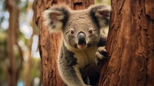 Koala sentada en un árbol con un fondo borroso de bosque