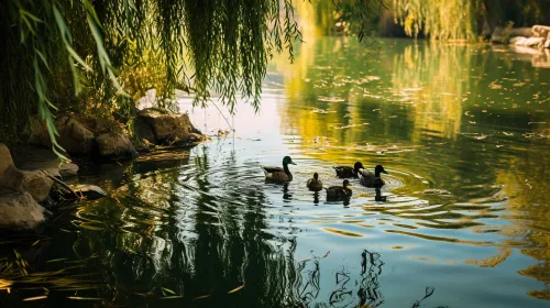 A duck family swimming on the mirror-like surface of a pond surrounded by green foliage