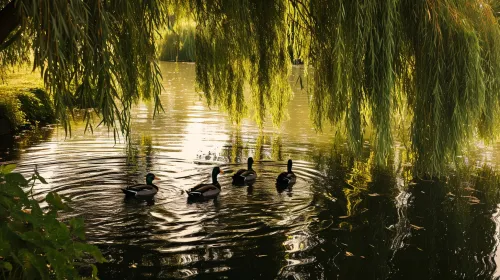 A group of ducks swimming on calm water under trees