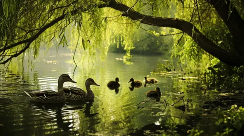 A group of ducks swims in calm water surrounded by greenery