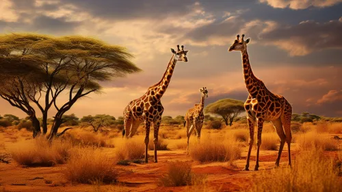 Scene with giraffes among vegetation against the sunset